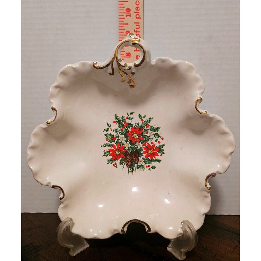 Vintage Georgene Morris Ceramic Christmas Candy Dish White Gold Trim Poinsettia